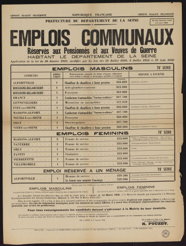 Emplois communaux réservés aux pensionnés et aux veuves de guerre habitant le département de la Seine, Recrutement à Boulogne-Billancourt d'un aide-plombier-couvreur et d'un fossoyeur.