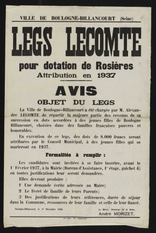 Legs Lecomte pour dotation de Rosières : attribution en 1937,