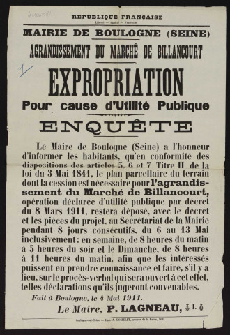 Agrandissement du marché de Billancourt : expropriation pour cause d'utilité publique (enquête),