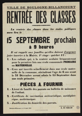 Rentrée des classes [le] 15 septembre,