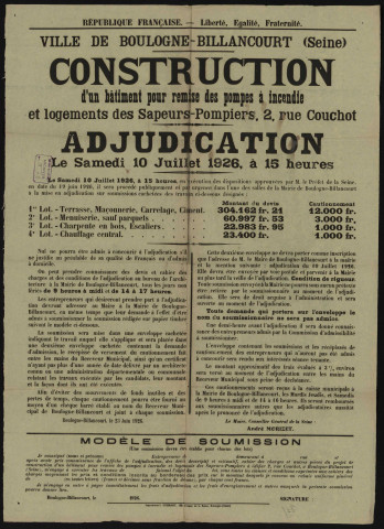 Construction d'un bâtiment pour remise des pompes à incendie et logements des sapeurs-pompiers 2 rue Couchot : adjudication,