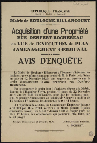 Acquisition d'une propriété rue Denfert-Rochereau en vue de l'exécution du plan d'aménagement communal : avis d'enquête,