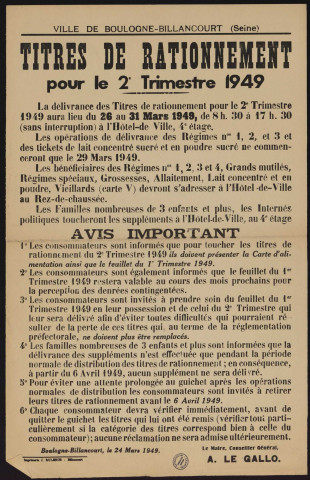 Titres de rationnement pour le 2e trimestre 1949,