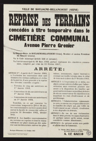 Reprise des terrains concédés à titre temporaire dans le cimetière communal avenue Pierre-Grenier,