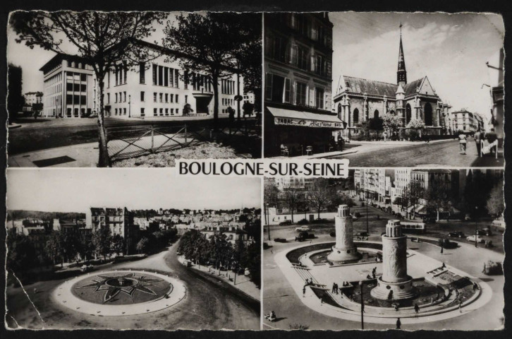 Boulogne-sur-Seine - Images de France : L'hôtel de ville, l'église notre dame, place Rhin Danube, porte Saint Cloud, Boulogne-Billancourt . avenue André Morizet . - Hôtel de Ville Boulogne-Billancourt . boulevard Jean Jaurès . - Eglise Notre-Dame Boulogne-Billancourt . rond-point Rhin-et-Danube, avenue de Lattre de Tassigny . - vue plongeante Paris . porte de Saint-Cloud . - perspective sur la place 4 photos représentant des vues de Boulogne-Billancourt : en haut à gauche, la façade de l'Hôtel de Ville depuis la rue Paul Bert en haut à droite, l'église Notre-Dame et le bar-tabac La Havane depuis le boulevard Jean Jaurès en bas à gauche, vue plongeante sur le rond point Rhin et Danube et l'avenue de Lattre-de-Tassigny en bas à droite, vue plongeante sur la place de la porte de Saint-Cloud