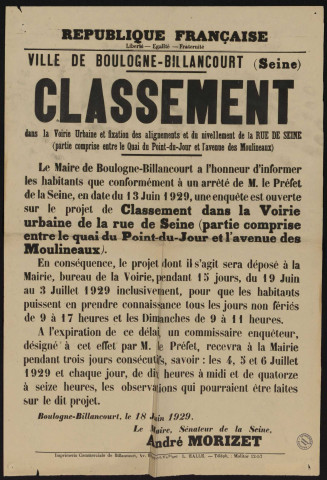 Classement dans la voirie urbaine et fixation des alignements et du nivellement de la rue de Seine (partie comprise entre le quai du Point-du-Jour et l'avenue des Moulineaux),