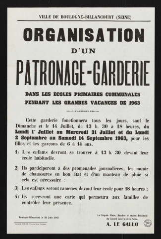 Organisation d'un patronage-garderie dans les écoles primaires communales pendant les grandes vacances de 1963,