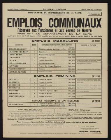 Emplois communaux réservés aux pensionnés et aux veuves de guerre habitant le département de la Seine, Recrutement à Boulogne-Billancourt d'un mécanicien-motoriste-électricien en automobiles.