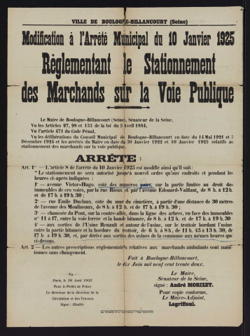 Modification à l'arrêté municipal du 10 janvier 1925 réglementant le stationnement des marchands sur la voie publique,