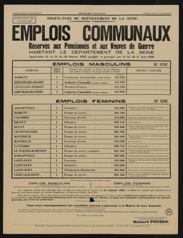 Emplois communaux réservés aux pensionnés et aux veuves de guerre habitant le département de la Seine, Recrutement à Boulogne-Billancourt d'un conducteur d'automobiles (tourisme et utilitaire).