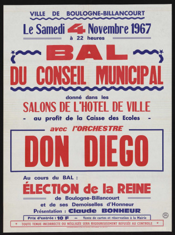 Bal du conseil municipal donné dans les salons de l'hôtel de ville au profit de la caisse des écoles avec l'orchestre Don Diego,