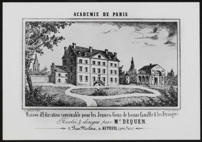 Académie de Paris. Maison d'Education convenable pour les Jeunes Gens de bonne famille et les Etrangers. Fondée et dirigée par Mr Dequen (s.d.).