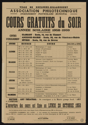 Association philotechnique : cours gratuits du soir, [horaires et lieux des cours pour l'] année scolaire 1958-1959,