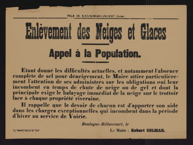 Enlèvement des neiges et glaces : appel à la population,