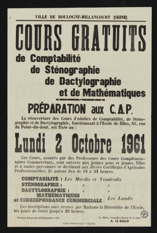 Cours gratuits de comptabilité, de sténographie et de dactylographie éàÉ,