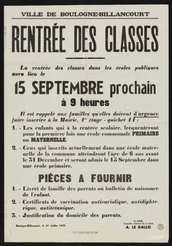 Rentrée des classes [le] 15 septembre,