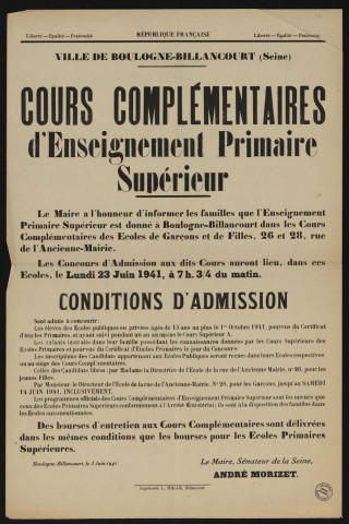 Cours complémentaires d'enseignement primaire supérieur é,