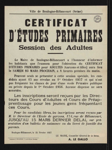 Certificat d'études primaires, session des adultes ,