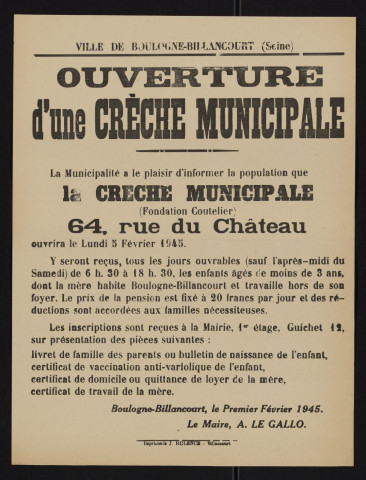 Ouverture d'une crèche municipale (fondation Coutelier) 64 rue du Château,