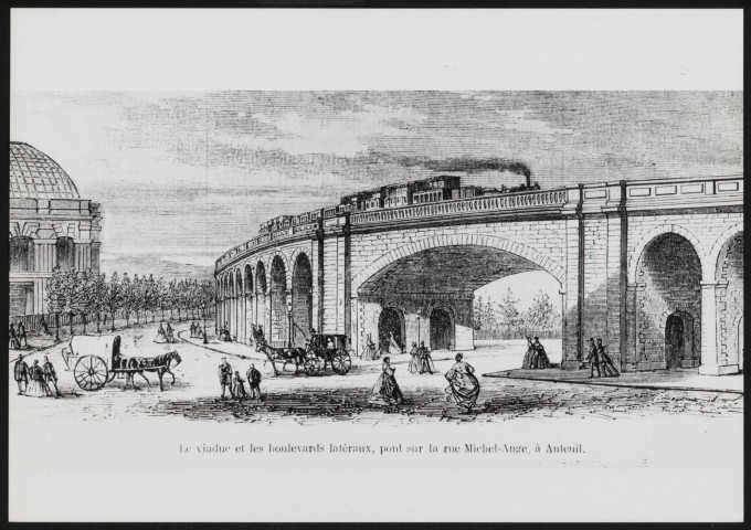 Le viaduc et les boulevards latéraux, pont sur la rue Michel Ange, à Auteuil (s.d.).