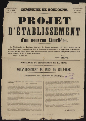 Projet d'établissement d'un nouveau cimetière ; Agrandissement du Bois de Boulogne : suppression du cimetière de Boulogne,