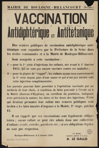 Vaccination antidiphtérique et antitétanique,