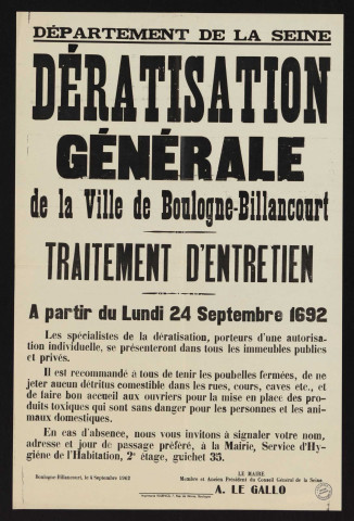 Dératisation générale de la ville de Boulogne-Billancourt : traitement d'entretien,