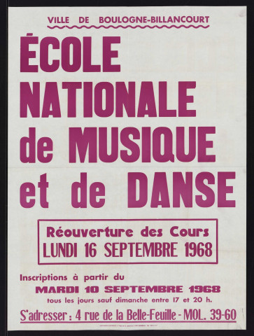 Ecole nationale de musique et de danse : réouverture des cours lundi 16 septembre 1968,