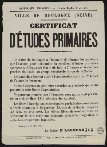 Certificat d'études primaires ,