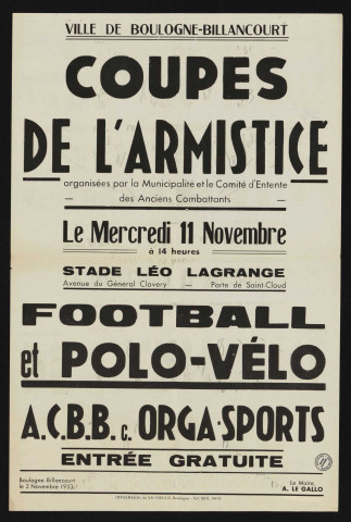 Coupe de l'armistice organisée par la municipalité et le comité d'entente des anciens combattants : football et polo-vélo, ACBB contre Orga-sports,