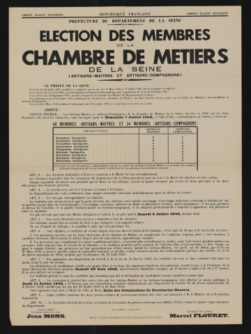 Élection des membres de la Chambre de métiers de la Seine (artisans-maîtres et artisans-compagnons),