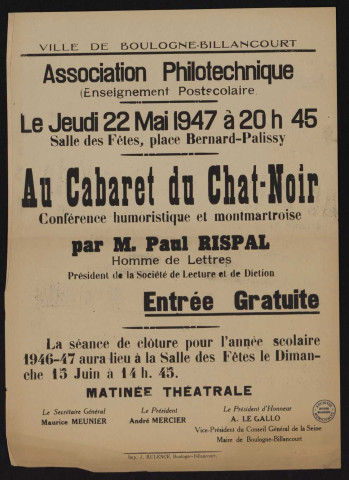 Association philotechnique : Au Cabaret du Chat-noir, conférence humoristique et montmartroise,