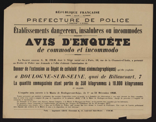 Avis d'enquête de commodo et incommodo : quai de Billancourt 7, Société anonyme G.M. Film : extension d'un dépôt de celluloïd (films cinématographiques).